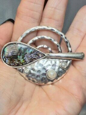 Abalone Brooch Abstract Modernist Hammered Silver Tone Artisan Pin Pendant 1.75"